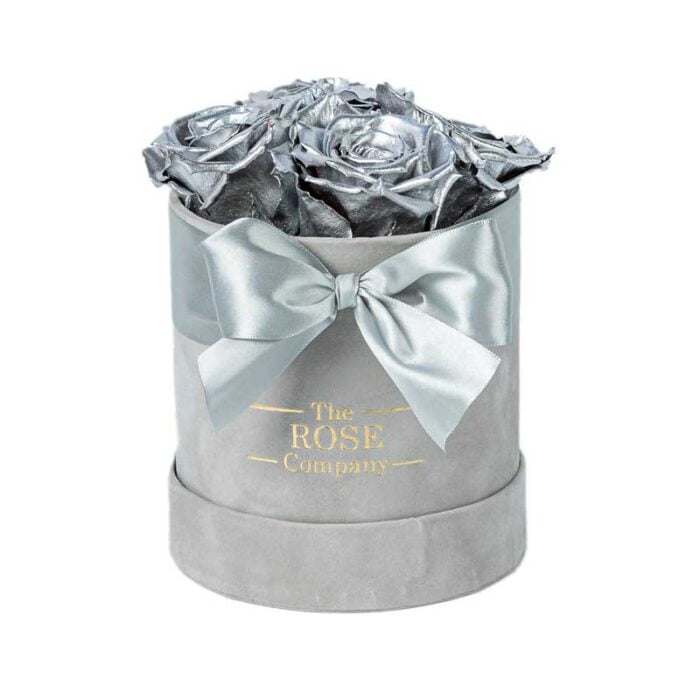 Forever Roses Babybox Grey Velvet Box Silver Roses