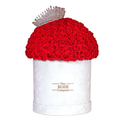 Infinity Roses Large Velvet Λευκό Κουτί Με Κόκκινα Real Touch Τριαντάφυλλα Που Διαρκούν Για Πάντα και Πολυτελές Κορώνα Από Ζιργκόν
