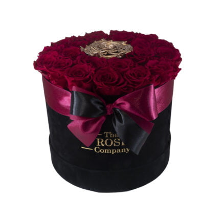 Forever Roses Medium Velvet Black Box With Bordeaux & XL Gold Roses
