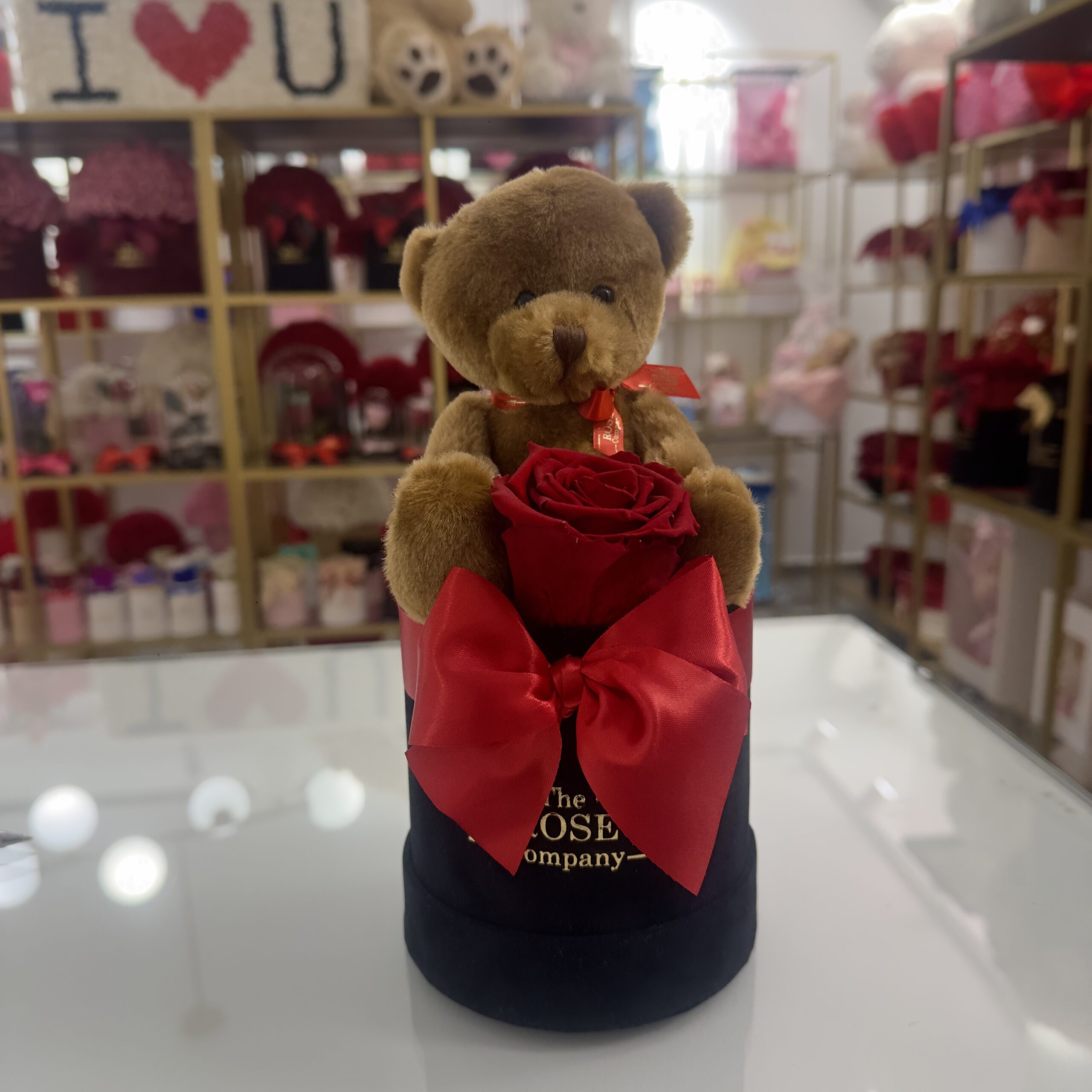 Baby Μαύρο Velvet Κουτί με Κόκκινο Τριαντάφυλλο Forever και Teddy Bear