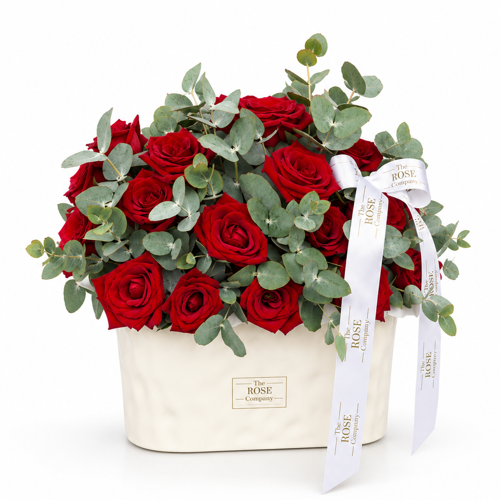 627582E6-B50C-4B5D-8504-58685842417C Scarlet Elegance – Red Roses & Eucalyptus - Image 1