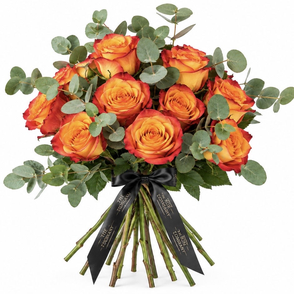 E927B940-4C16-41DE-AE11-4F3A0AA18740 Sunset Roses and Eucalyptus Bouquet - Image 1